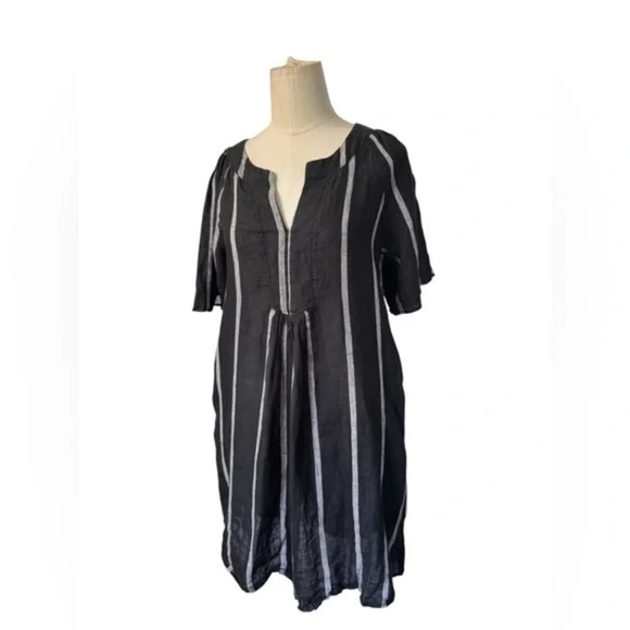 Miou Muse A Line Dress Womens Small Black White Striped Linen Pleated Split Neck - Picture 3 of 6